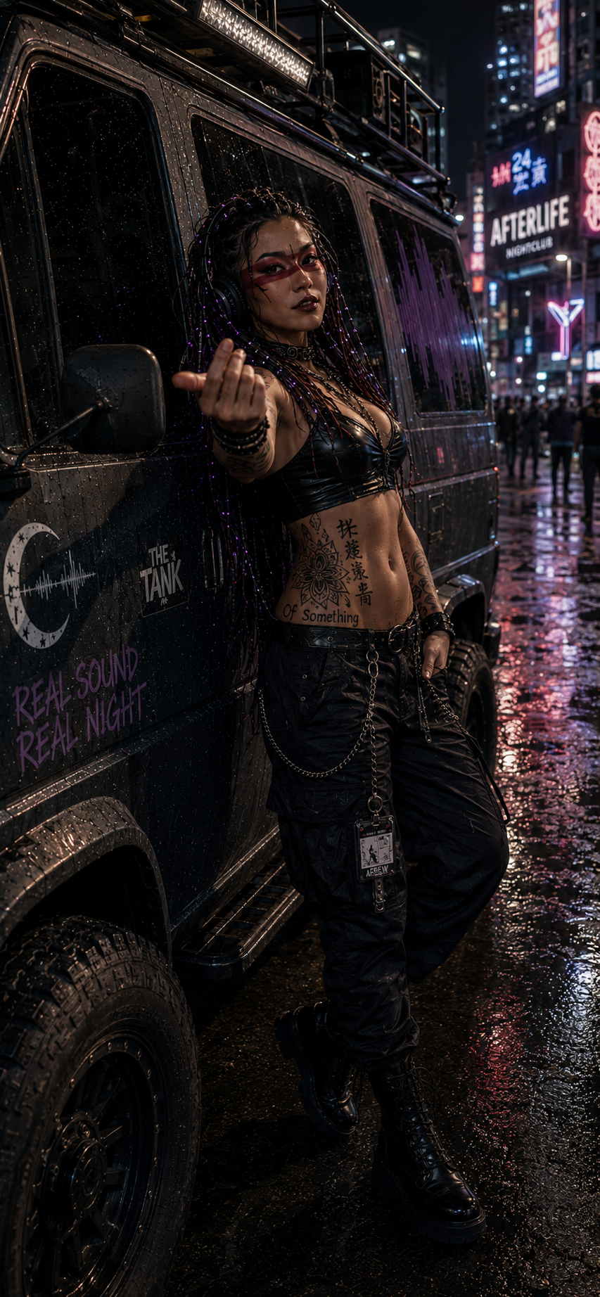 Anna Log beside her van on a neon-lit street