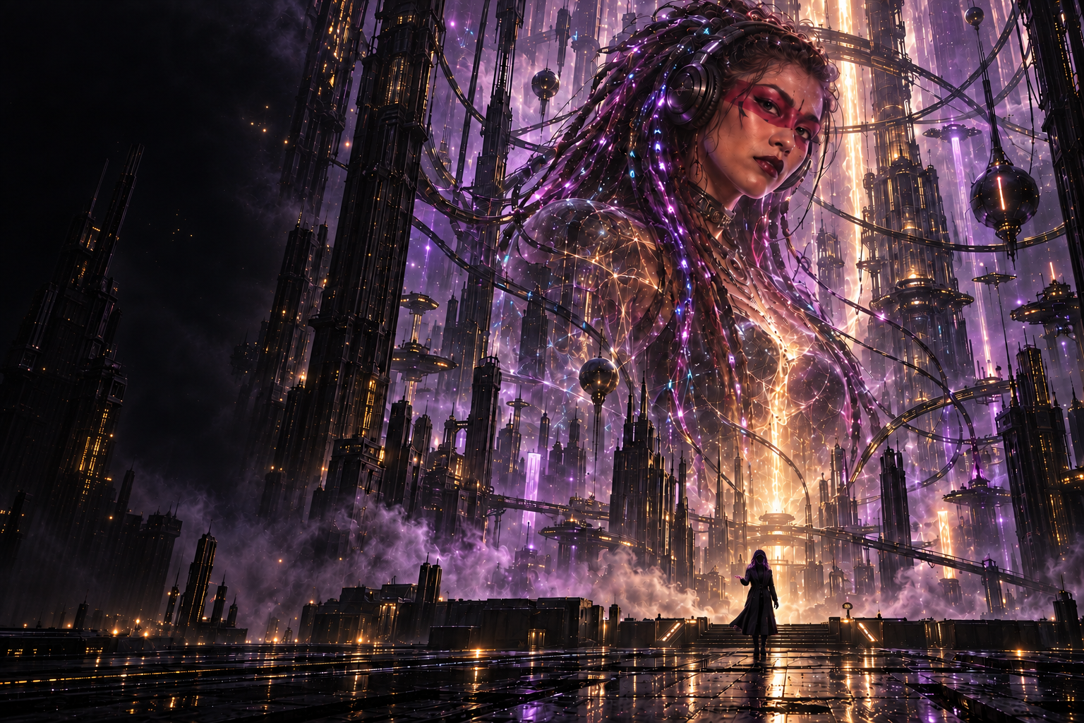 Anna’s immense face, crimson eye mask and luminous cyber-dreads form a threshold before a dark future of towering machines and temple-like architecture.
